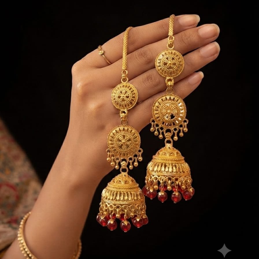 Royal Gold Plated Layered Jhumka Earrings - Traditional Pakistani Indian Bridal Earrings with Red Beads & Bahi Chain